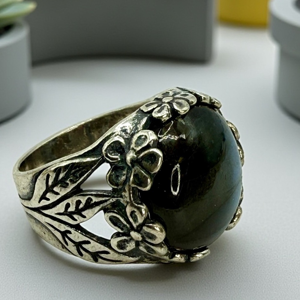 Sterling Silver Israel PZ Labradorite Floral Statement Ring – Size 8 - Picture 11 of 17